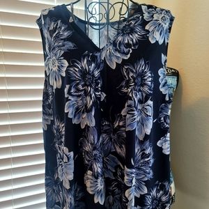 V-Neck Navy Blue Floral Print Sleeveless Blouse